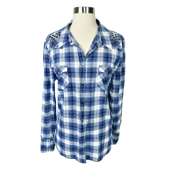 Roper Blue Plaid Studded Button Down Shirt - Picture 1 of 9